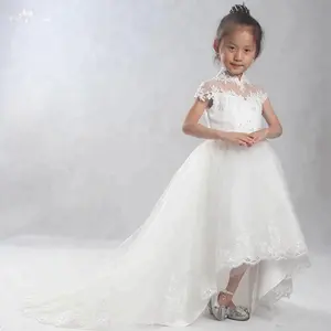 Белое Кружевное бальное платье с бисером LZC026, короткие, спереди, длинные, сзади, цветочные платья для девочек, детские платья для конкурса красоты