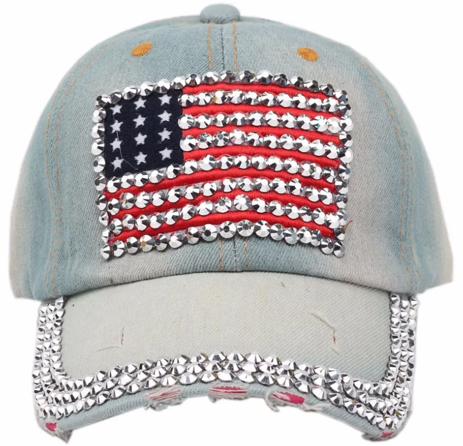 Wholesale jeans fabric crystal clear rhinestones vintage fashion american flag denim baseball cap