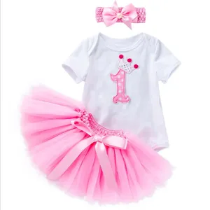 LSF04 أحدث طفلة ملابس الرضع الأبيض السروال القصير بذلة الوردي توتو التنانير 3 قطعة الفتيات عيد الوليد الملابس مجموعات الصيف