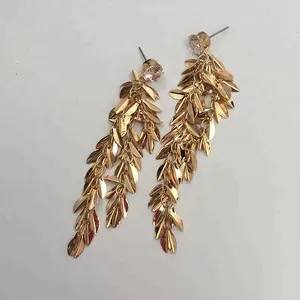 Xus Temperament super flash golden leaf long zircon alloy wheat tassel earrings