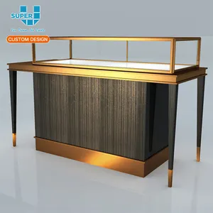 Meja Display Perhiasan, Modern Brushed Perunggu Stainless Steel Kaca Tempered Perhiasan Meja Tampilan Perhiasan Toko Perhiasan Desain Gambar