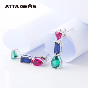 Popular Jewelry 925 Silver Plated Platinum Created Colorful <strong>Emerald</strong> Ruby Sapphire <strong>Drop</strong> <strong>Earrings</strong> for Wedding Small Gift - Product Image 2