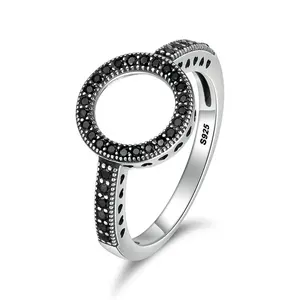 New Trendy 925 Sterling Silver Forever Black Zircon Round Finger Ring