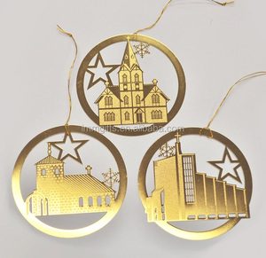 Factory Wholesale Best Quality Creative Brass 85mm Circle <b>Star</b> House Pattern Embossed Christmas Ornament <b>for</b> <b>Tree</b> Decoration - Product Image 2
