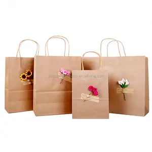 Handmade Custom Brown Kraft Paper Gift Bag Craft Paper Bag with Artificial Flowers