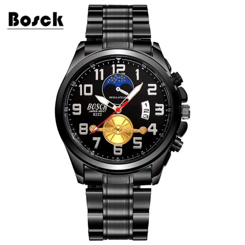 BOSCK 8222 Sports Quartz Watches Men Casual Hub Watch montre homme sport Stainless Steel Waterproof Shockproof Watch