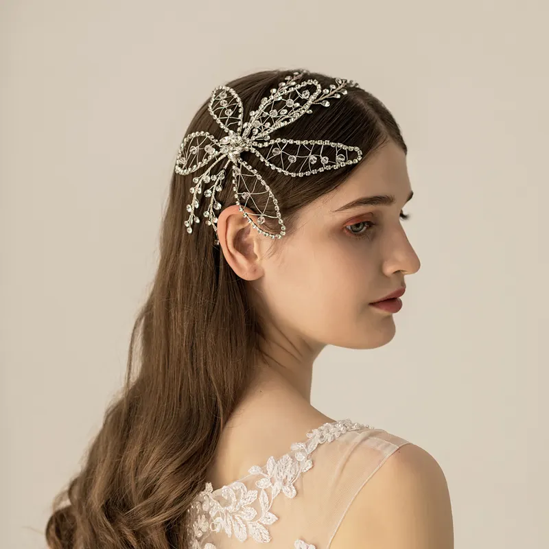 O529 hecho a mano perlas de cristal ajustable elástico diadema de novia de la boda sombrero con cuentas y encadenado flores