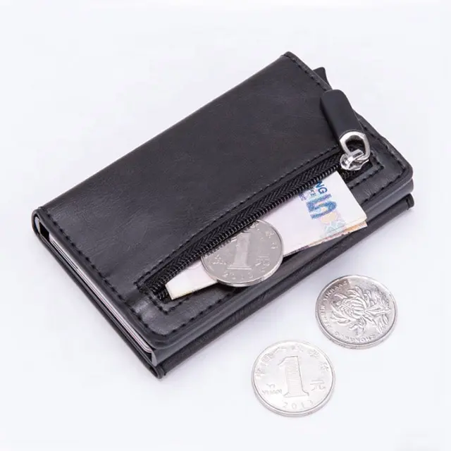 Billetera minimalista de aluminio y cuero PU para hombre, tarjetero RFID personalizado, delgada, con monedero con cremallera