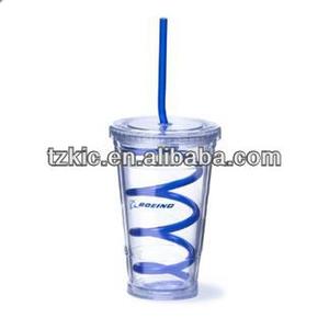 Aislamiento plástico 16 oz beber vaso de vidrio con tapa& rizado paja loca deportes vaso de viajes - Product Image 1