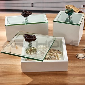 Custom Luxury Handmade Clear Makeup Display Jewellery Decorative Square Mirror Glass Trinket Jewelry Box With Stone Lid