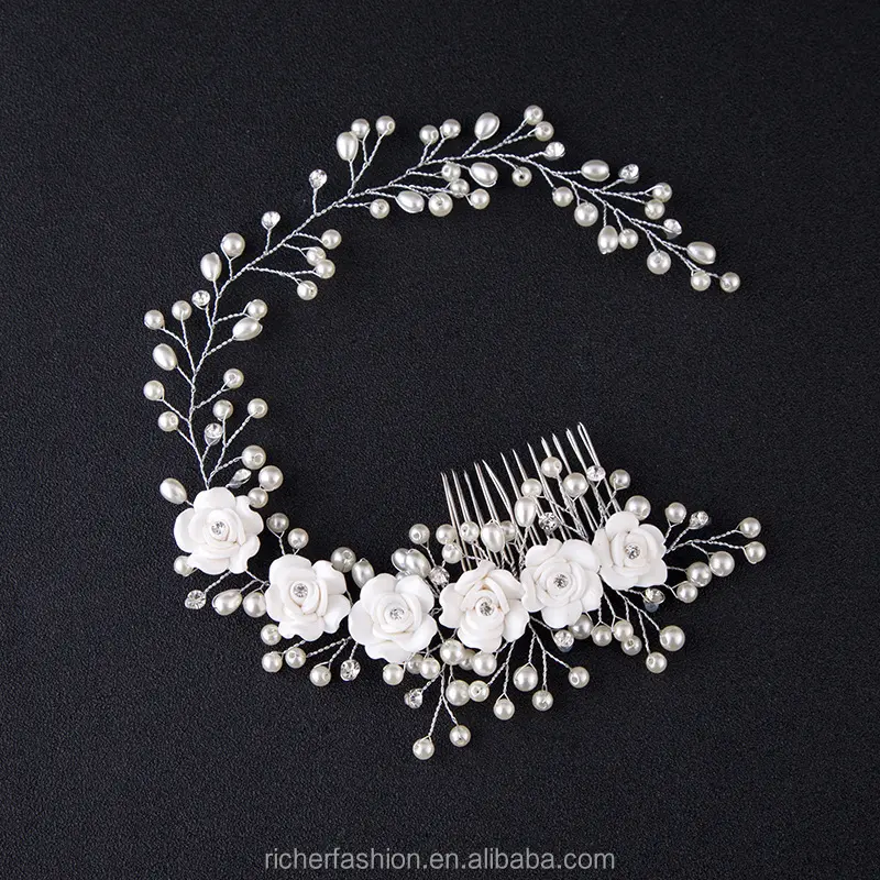 Tiara artesanal para cabelo de noiva, flor de pérola branca