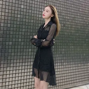 Siyah Seksi Dantel Ortak Gazlı Bez Düğmeler kadın kıyafetleri Mini Elbiseler