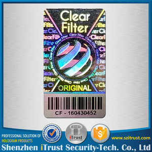 Stiker logo <span class=keywords><strong>Hologram</strong></span> transparan kode Qr keamanan Label Laser warna pelangi cetak ukuran kustom 3d