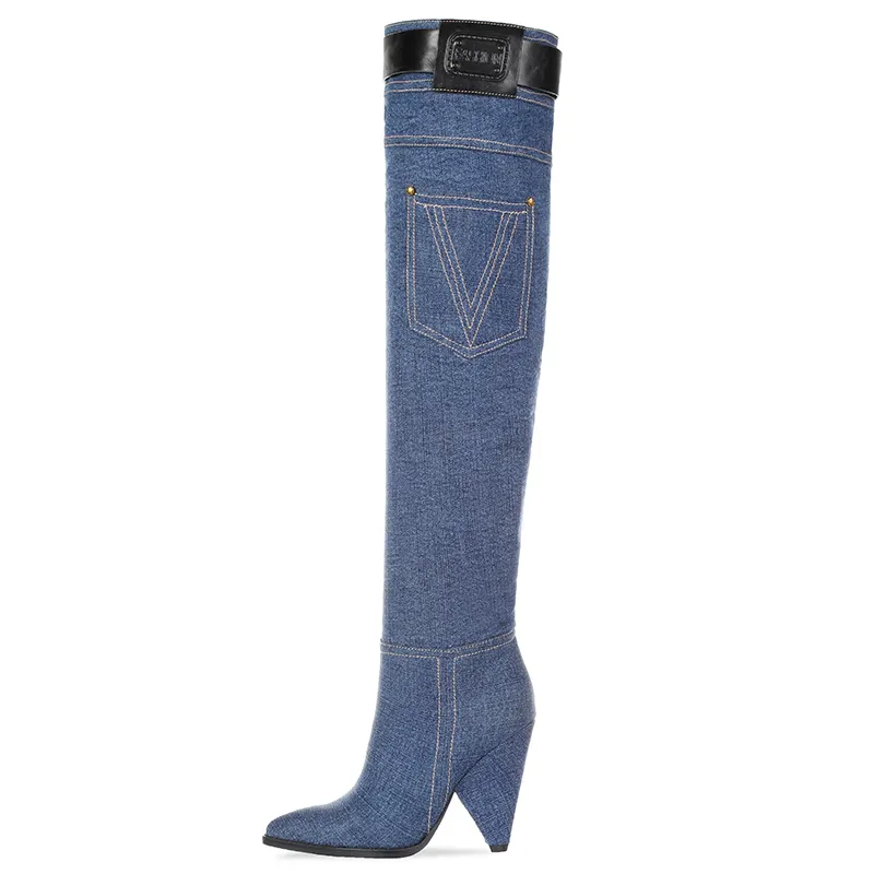 Top Mode frauen über knie stiefel für frauen dehnbar Denim spitz lange Stiefel für frauen