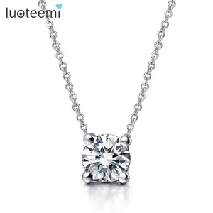 LUOTEEMI Female OL Style Beautiful Rose Gold Plated 4 Prongs 7mm Round CZ Stone Pendant Necklace