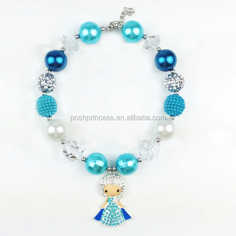 sliver and blue frozen elsa necklace wholesale elsa doll pendant chunky frozen necklace