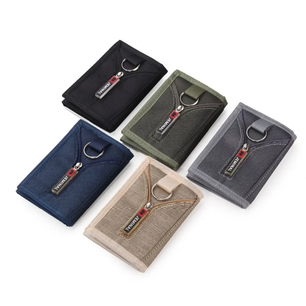 Men's nylon retro men's coin cardholder short bag three fold card wallet with key ring