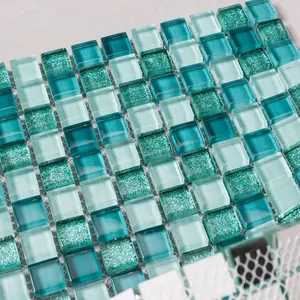 Kerajinan Jiwa 15X15 Blue Square Pasir Ubin Mosaik Kaca untuk Dekorasi Dinding