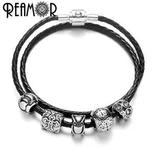 REAMOR Femmes Noir Double Couche En Cuir Véritable 361l En Acier Inoxydable Croix Perle Bracelet