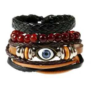 2018 New Arrival Custom Bracelets In Bulk Retro Men's Multilayer Braided Leather Bracelet Turkish Eye Jewelry