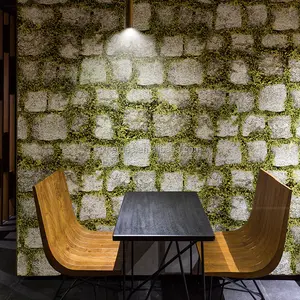 Natural and Fresh Green Plant Cover Stone Wall Pattern PVC Wallpaper for Dining Bar Balcony Decoration