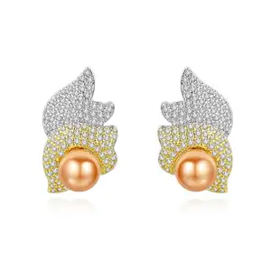 LUOTEEMI Tiny CZ paved Natural Pearl Women Stud Earrings Silver and Gold Color Fashion Jewelry Factory Brand Wholesale