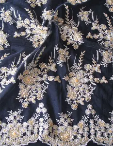 Tessuto in <span class=keywords><strong>Tulle</strong></span> <span class=keywords><strong>Nero</strong></span> con Ricami Dorati e Accessori Ricamati a Mano, Bellissimo Tessuto per Abiti da Donna - Product Image 1