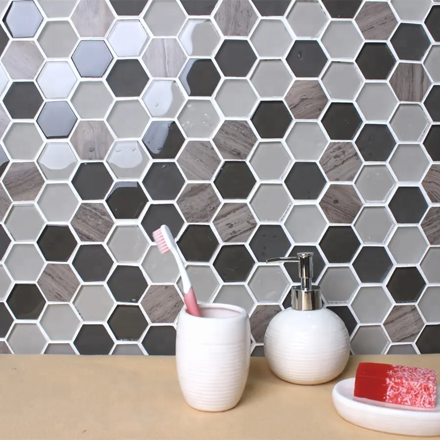 Hot sale interior wall decoration mixed stone mosaique hexagonal crystal glass mosaic tile