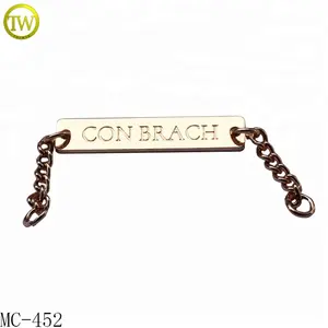 Custom brand name metal label clothing accessory decorative gold chain tags zinc alloy shoelace plate with two side chain