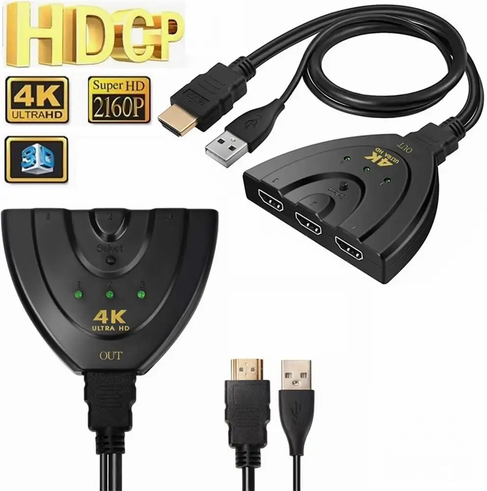 Répartiteur HDMI 3 entrées 1 sortie 4K 3D, 3 ports, pour HDTV, câble de chargement USB, convertisseur à queue de poisson