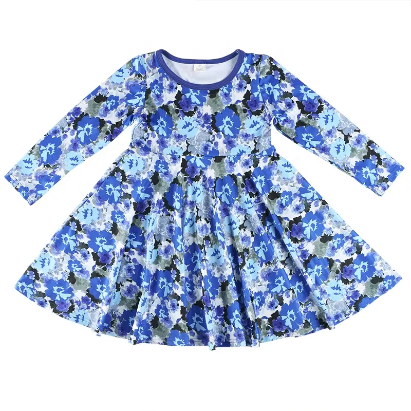 Groothandel Boutique Kid Kleding Katoen Blauw Bloemenprint Over O-hals Lange Mouwen Tuniek Ontwerp Baby Girl Casual Dress