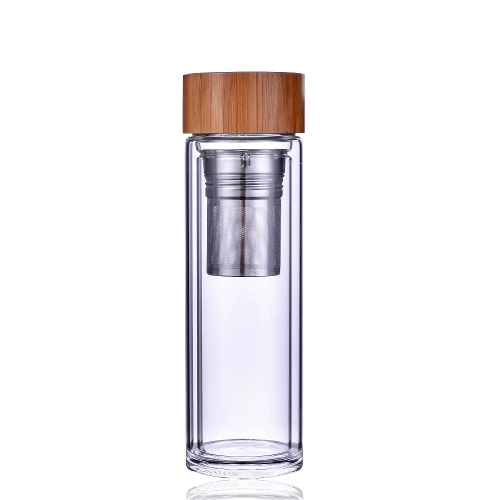 Petolar Bamboo lid tea infuser double walled borosilicate glass water bottle with filter