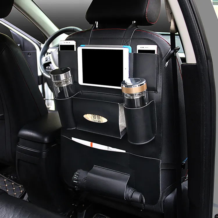 Luxury PU leather car back seat organizer protector hanging bag with kids tablet holder tissue box pockets