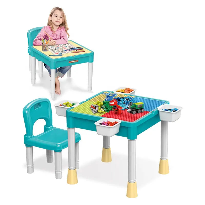 Çocuklar eğitim oyuncak uyumlu yapı blokları etkinlik masa sandalye seti ile saklama kutusu
