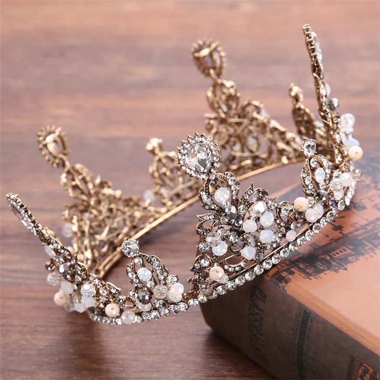 Tiara de cristal redonda de oro Vintage, corona de princesa reina barroca con diamantes de imitación para novia, accesorios de joyería para el cabello, corona de boda