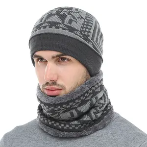 Pescoço Quente Chapéu do Inverno Dos Homens 2 peça Malha Conjunto Cachecol Cap Chapéu Gorro Chapéus de Inverno Para Os Homens de Espessura Suave jacquard skullies gorros de malha