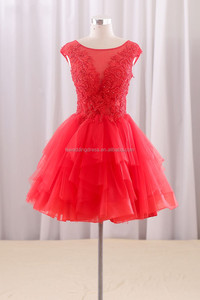 RSM66208 manga Casquillo rojo del cordón appliqued <span class=keywords><strong>capas</strong></span> falda minitwo tonos vestidos de coctel mujer corta vestidos poco vestid - Product Image 2