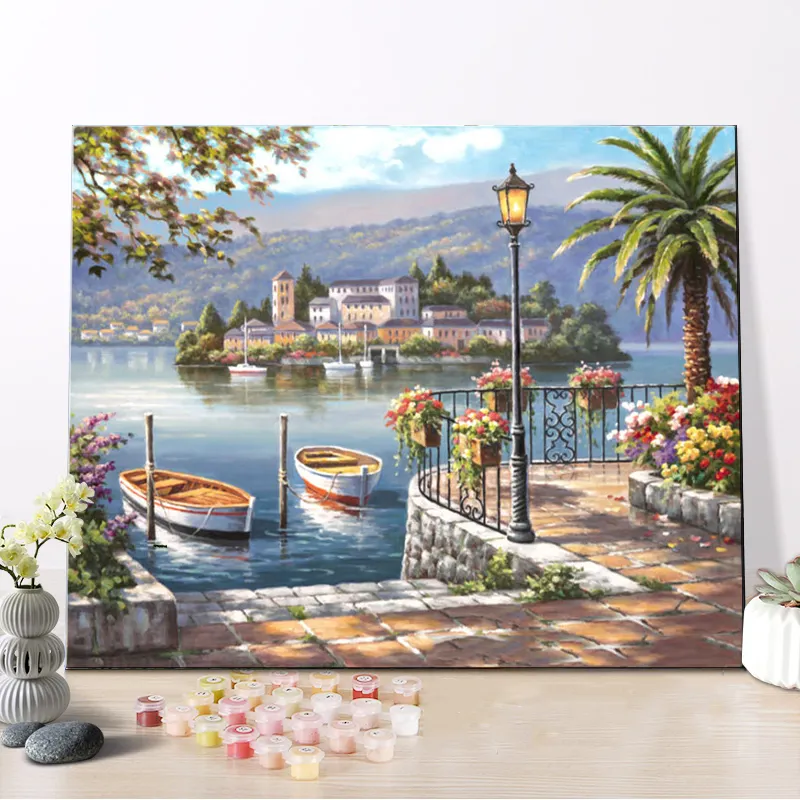 CHENISTORY 99296-Y תמונה ציור שמן הים התיכון פשתן בד צבע תיבת קלאסי בציר נוף ציור