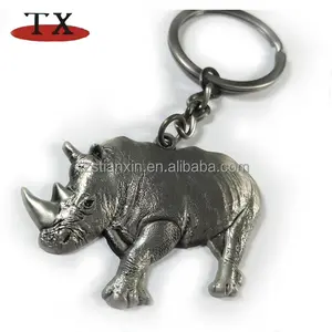 Porte-clés Antique en métal du Rhino, chaîne animal avec peau grise épaisse et un corne, sonnette