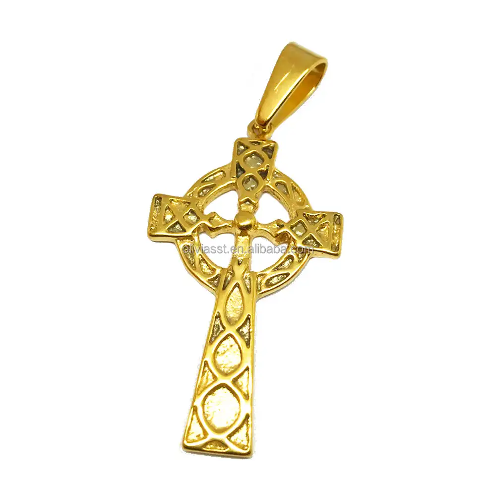 Olivia Retro Style Mens 18 18k Gold Irish Wales Celtic Cross Necklace Pendant Stainless Steel Celtic Jewelry