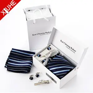 Nhà Cung Cấp Trung Quốc Royal Blue Stripes Mens Wedding Suit Tie Khuy Măng Sét Hanky Set Polyester Cà Vạt Bộ Quà Tặng Cho Bán Buôn