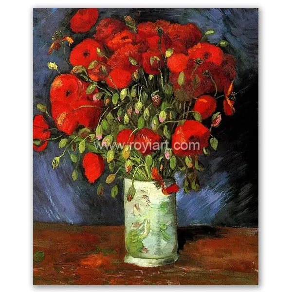 Royi arte van gogh pintura a óleo, de mão na parede, decoração de vaso com poppies vermelhos