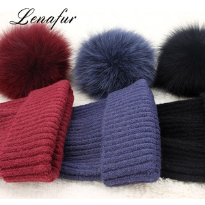 Winter wool hats with leather Fox pompom balls cashmere blends made North hats - Product Image 4