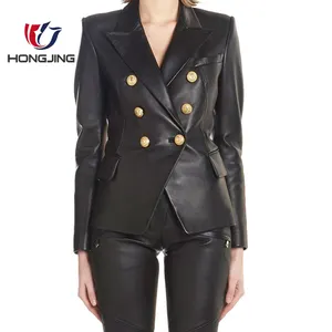 women lamb Leather notch point Collar Biker Jacket Double-breast button closure long zip sleeves chest pocket festival Jacket