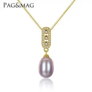 PAG & MAG品牌首饰女 925 纯银时尚淡水珍珠锆石吊坠项链