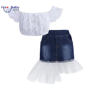 Hao Baru Bayi Anak Pakaian Musim Panas Eropa dan Amerika Serikat Kapas Off-Shoulder Kemeja Fashion Mesh Denim Rok