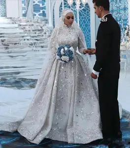 Luxus High Neck Abaya Muslimischen Hochzeit Kleid Lange Ärmel Perlen Spitze Abend Brautkleider Kleider