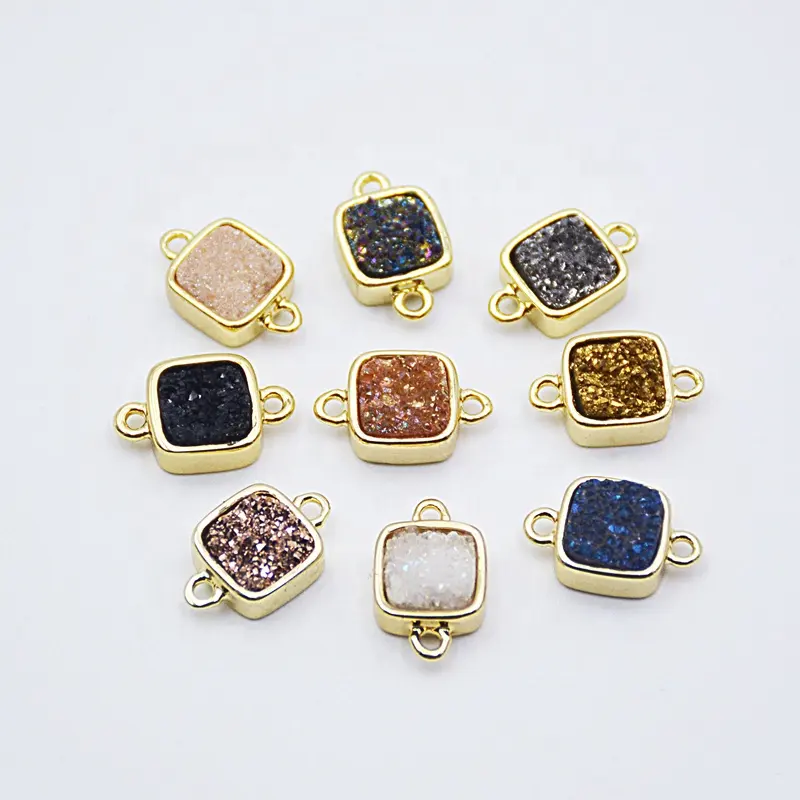 Wholesale Gold Plated Square Shape Connector Rainbow Natural Titanium Agate Drusy Geode Charm Gemstone Jewelry Making Findings