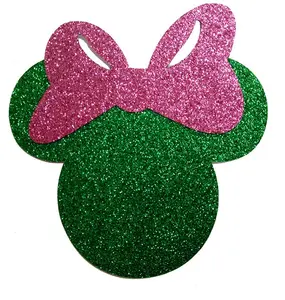 Wholesale Custom Mouse Head With Pink Bow Green Shiny Glitter Iron On Motif For Garment
