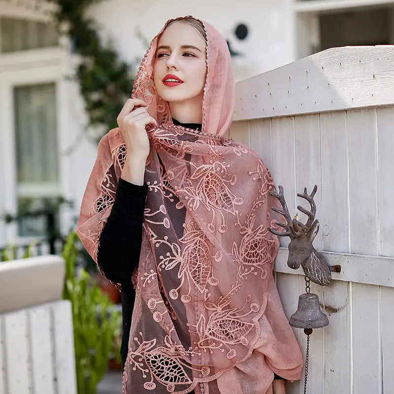 2022 Baru Mewah Kerut Bordir Renda Syal Syal Katun Warna Solid Retro Renda Bunga Bordir Jilbab Muslim